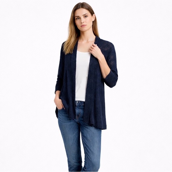 Eileen Fisher Sweaters - EILEEN FISHER Navy Open Knit Cardigan Lightweight Layering Sweater size L (?)